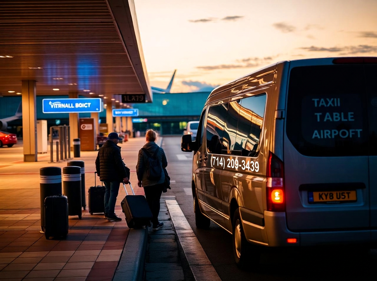 Passengers with luggage at an airport terminal curbside taxi drop-off