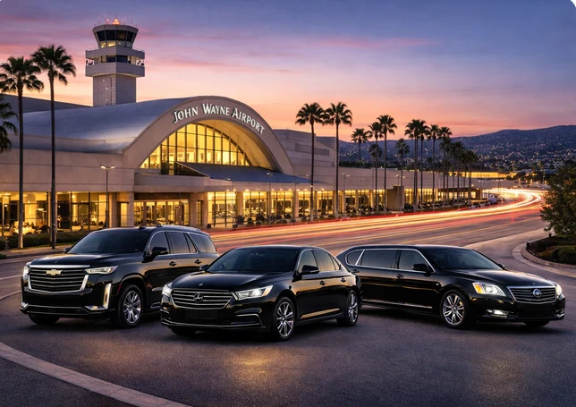 Black luxury vehicles lined up in front of the John Wayne Airport terminal at dusk