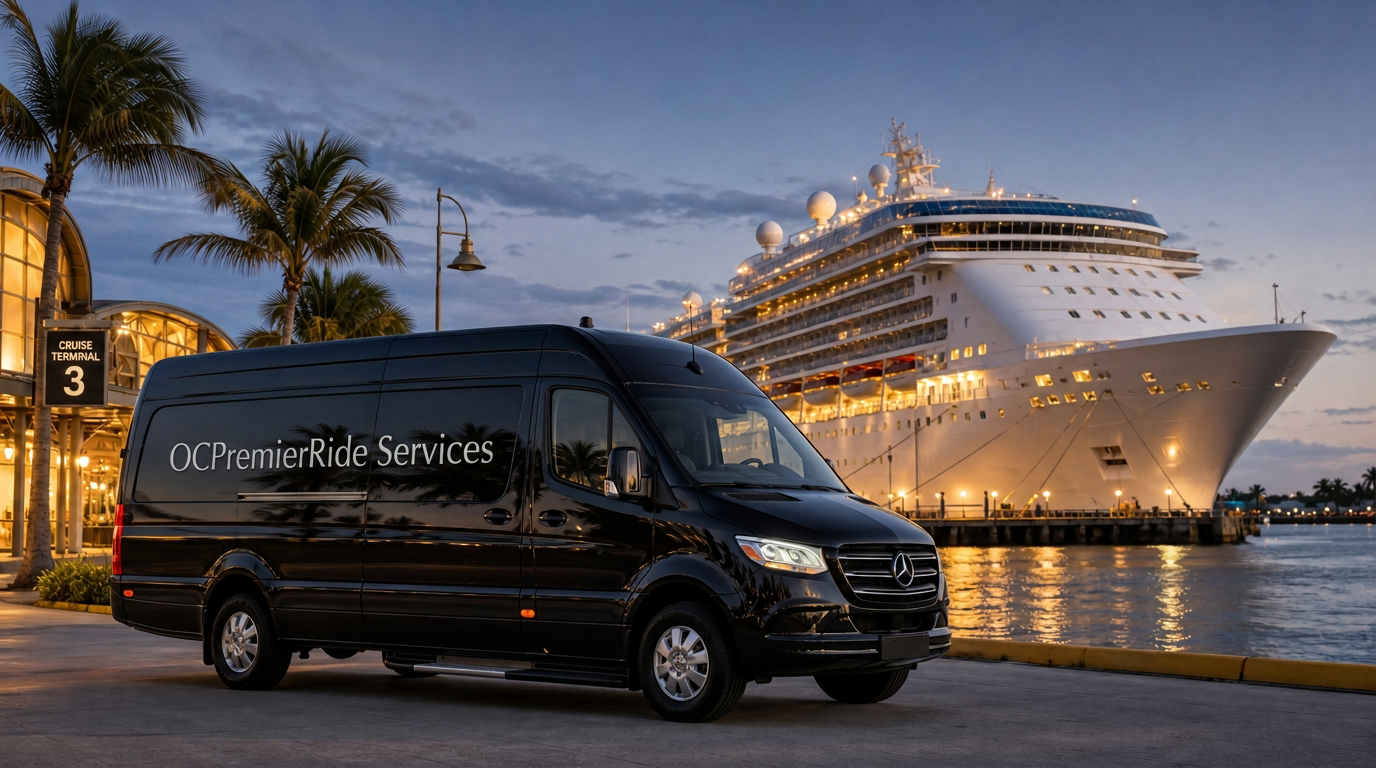 Black luxury van at a cruise terminal with a cruise ship in the background