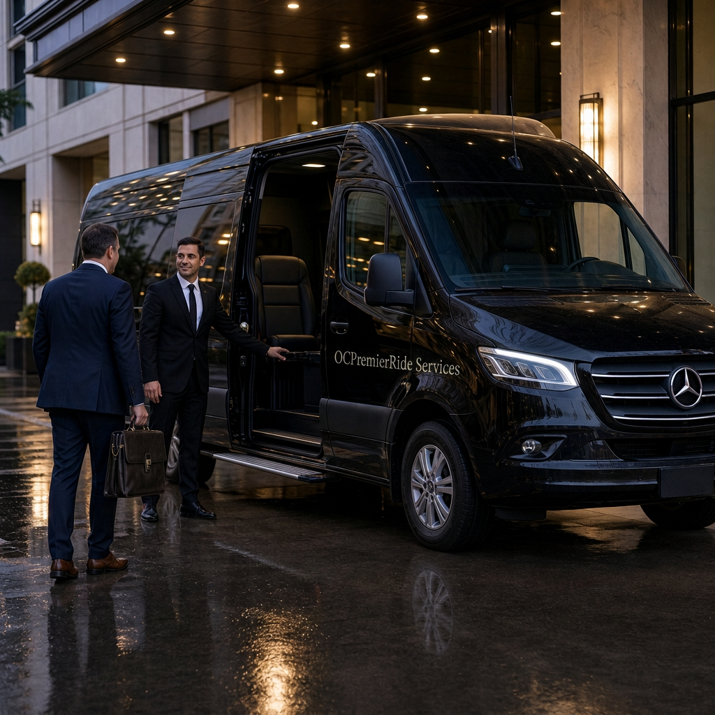 Professional black luxury sprinter van with chauffeur at a modern building entrance
