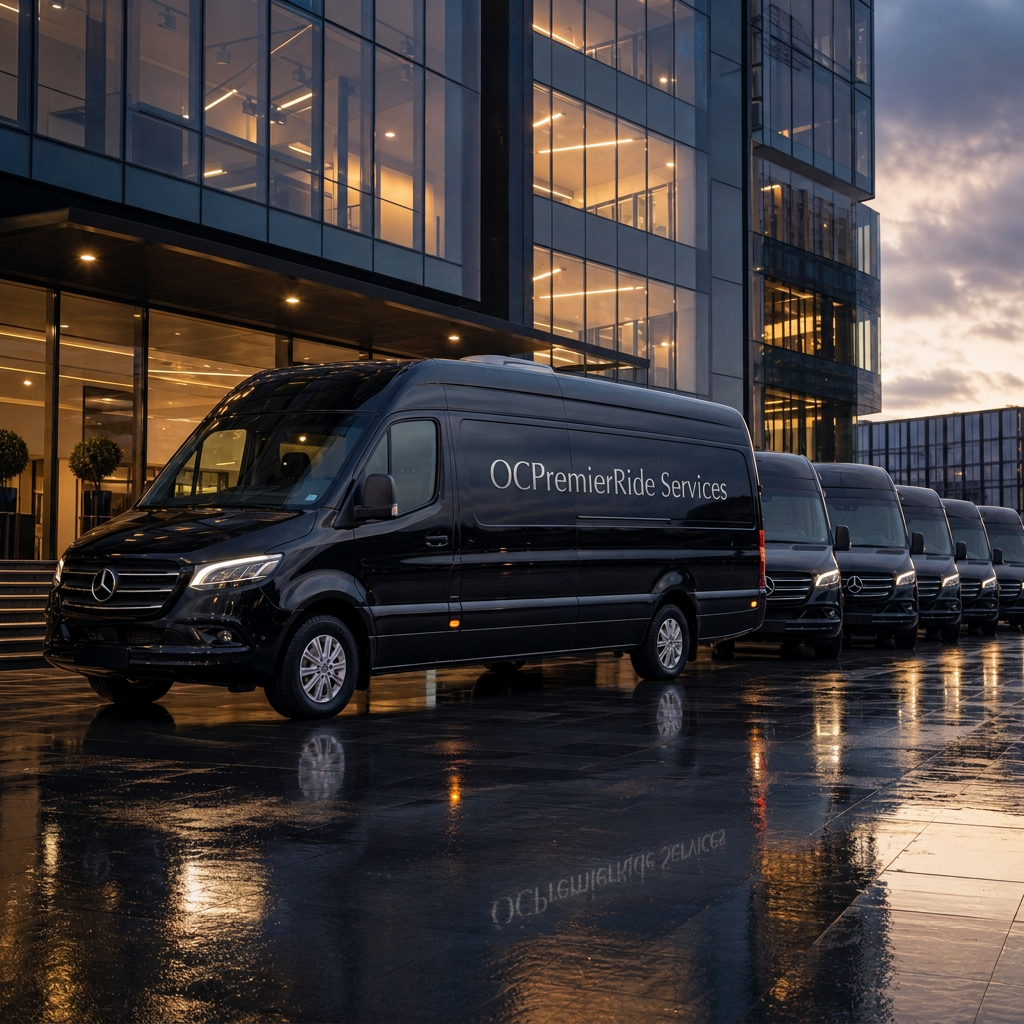 Fleet of professional black luxury vans ready for Orange County transportation service