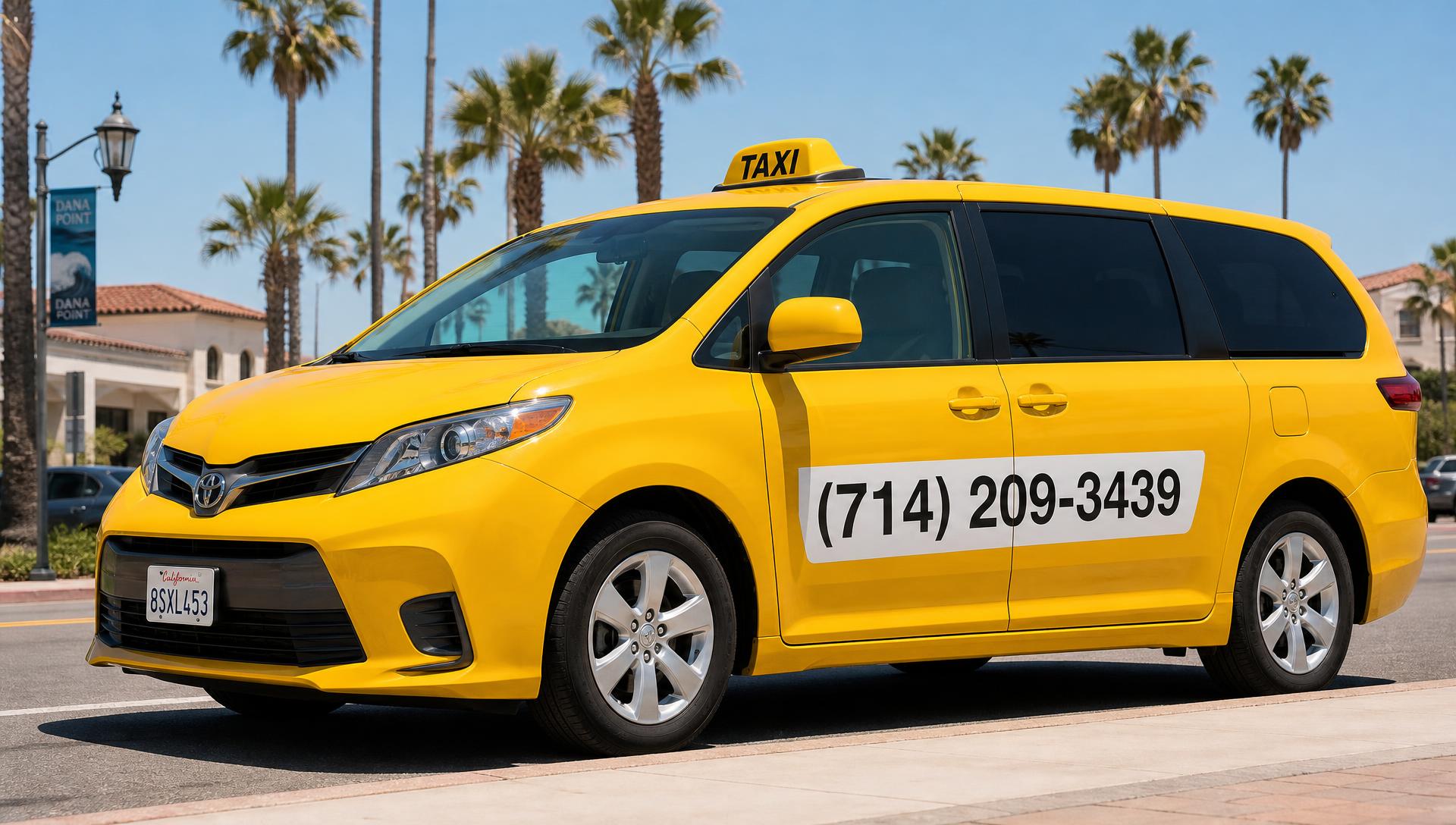 Yellow Cab Services taxi minivan driving through Orange County, California