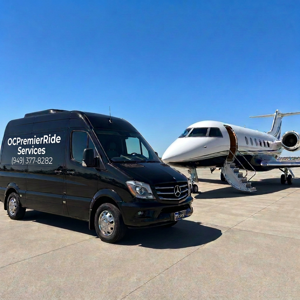 Professional private aviation ground transportation van at an airport terminal with private jets